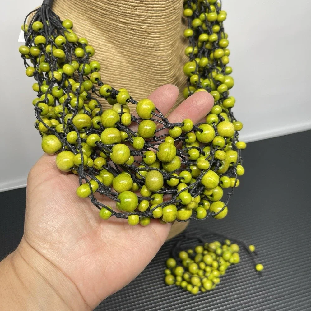 Bohemian Wooden Bead Necklace & Bracelet Set Multi Strand Chunky Lime Green